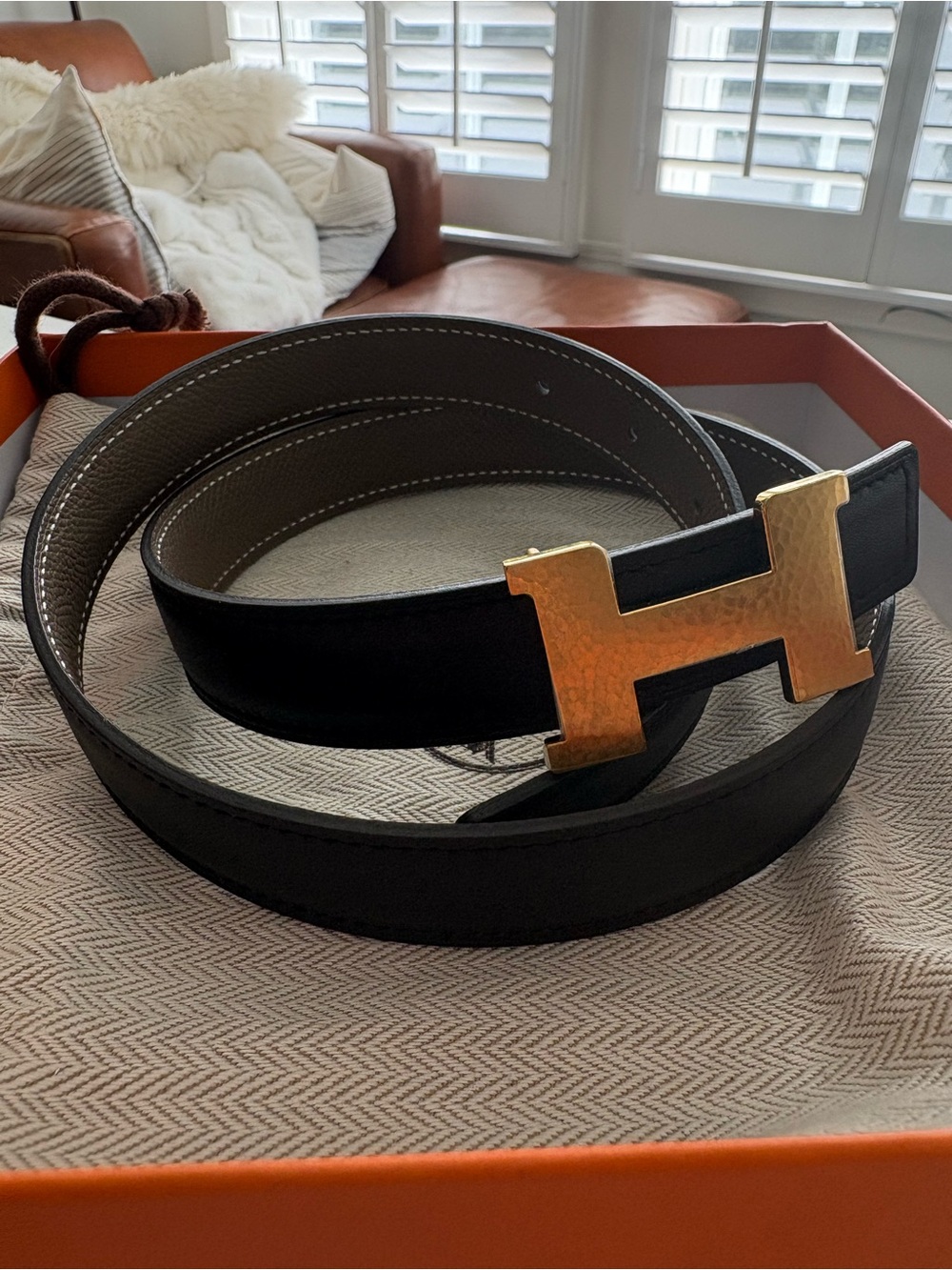 Hermes Reversible Leather Belt with Gold H Buckle